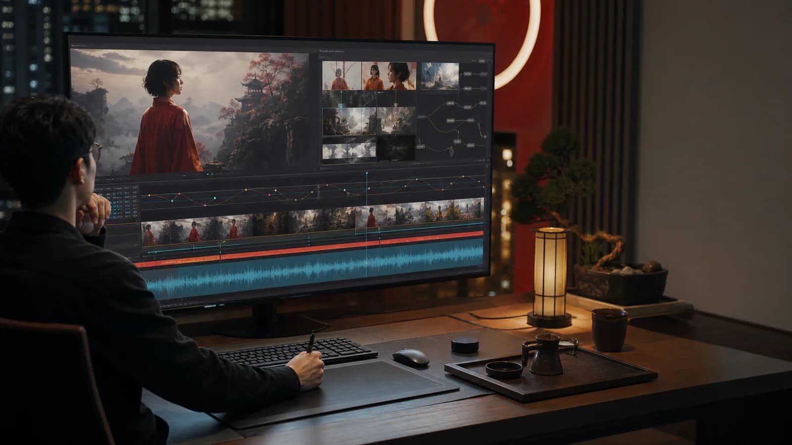 Creator workstation with an AI video timeline, cinematic storyboard frames, and audio waveform controls